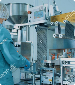 Technician operating pharmaceutical production machinery