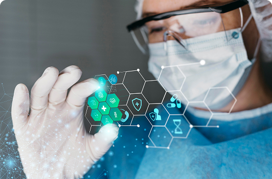 Researcher in protective gear interacting with a digital healthcare interface