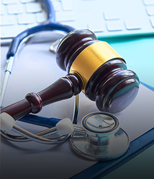 Gavel and stethoscope resting on a desk