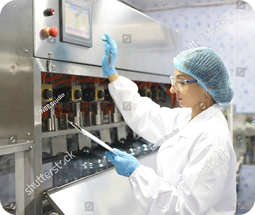 Technician inspecting a pharmaceutical packaging line